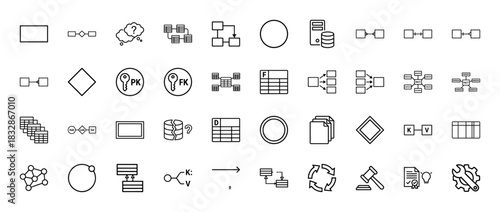 Database and data flow line icon set. Vector pictograms of process diagrams, primary and foreign keys, server, and tables, thin linear illustration.
