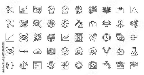 Business analytics and data science line icon set. Vector pictograms of machine learning, research, strategy, and statistics, thin linear illustration.