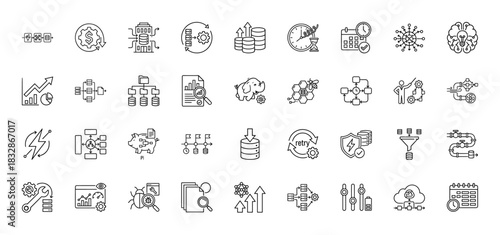 Data management line icon set. Vector pictograms of processing, analysis, security, storage, and flow, thin linear illustration.