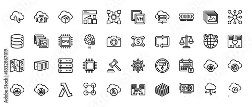 Cloud computing and network technology line icon set. Vector pictograms of virtual machine, database, server, cpu, and storage, thin linear illustration.