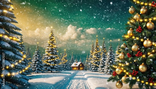 Winter wonderland celebration snowy forest cabin holiday scene magical atmosphere warm glow christmas spirit