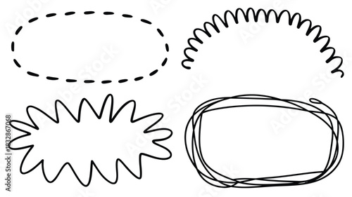 Collection of hand drawn borders and frames featuring dashed lines and geometric shapes in black and white