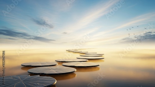 Spiritual path of stepping stones over calm water towards a bright golden sunrise