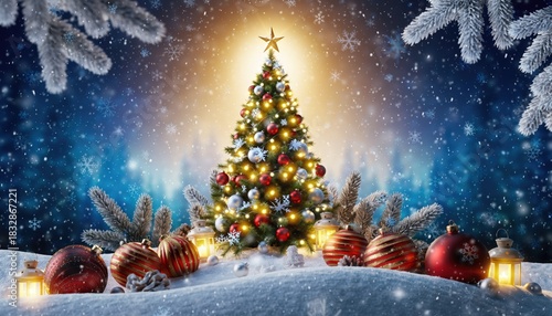 Christmas tree decorated with lights and ornaments in a snowy winter wonderland holiday celebration scene nighttime environment enchanting viewpoint festive concept