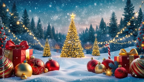 Winter wonderland celebration with christmas tree and gifts snowy forest landscape festive atmosphere night view holiday spirit