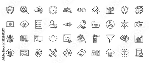 Information technology and cybersecurity line icon set. Vector pictograms of security, cloud computing, data, and analysis, thin linear illustration.