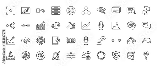 Artificial intelligence and data science line icon set. Vector pictograms of machine learning, algorithms, mining, analysis, and processing, thin linear illustration.