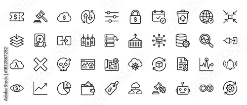 Business and finance line icon set. Vector pictograms of dollar cloud, data processing, growth chart, and wallet, thin linear illustration.