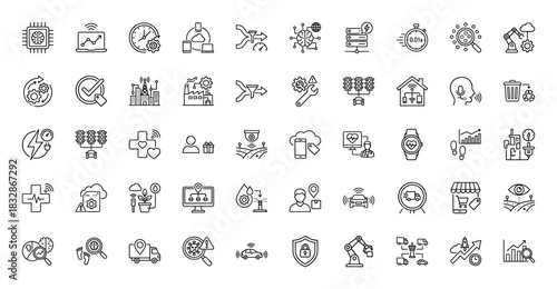 Smart technology and logistics line icon set. Vector pictograms of artificial intelligence, automation, cloud computing, analysis and delivery, thin linear illustration.