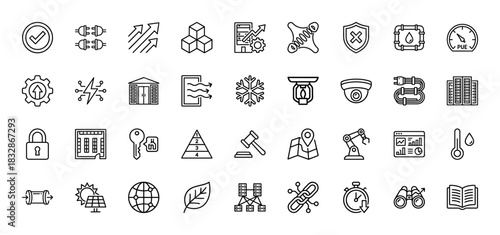 Data center and internet of things line icon set. Vector pictograms of server, cooling, power, security, and automation, thin linear illustration.