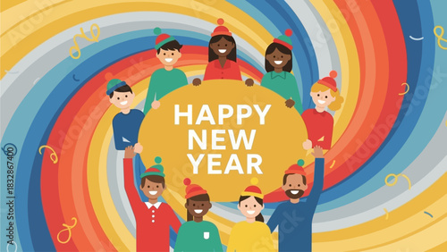 A joyful flat design illustration featuring a diverse group of people celebrating the New Year together, embodying unity and festive spirit. 