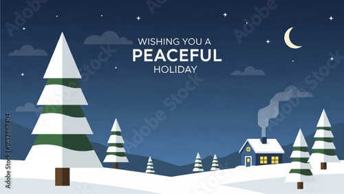 A serene flat design illustration of a peaceful winter village scene, evoking calm and tranquility for the holiday season. This beautiful 2D vector graphic is perfect for warm seasonal greetings.