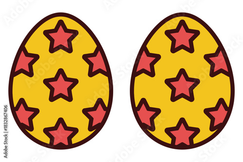Two yellow Easter eggs decorated with red stars sit side by side on a white background.