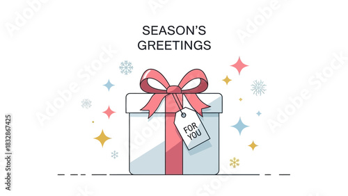 An elegant flat design illustration of a beautifully wrapped gift box, conveying thoughtfulness and seasonal good wishes. This clean 2D vector graphic is perfect for sophisticated holiday messages.