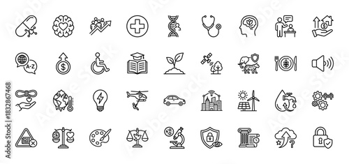 Science, education, and social issues line icon set. Vector pictograms of dna, brain, globe, car, and earth, thin linear illustration.