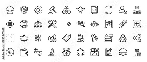 Technology and business line icon set. Vector pictograms of security, cloud, finance, server, and management concepts, thin linear illustration.