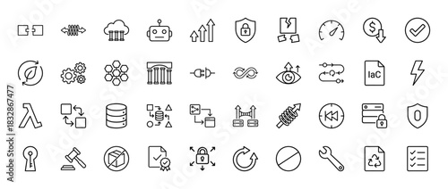 Cloud computing and security line icon set. Vector pictograms of server, robot, shield, data, and code, thin linear illustration.