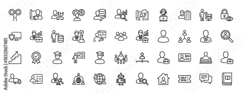 Business management line icon set. Vector pictograms of recruitment, training, team, database, support, analytics, coding, legal and strategy, thin linear illustration.
