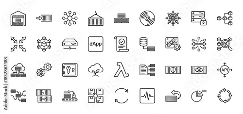 Cloud computing and decentralized technology line icon set. Vector pictograms of container, server, API, and blockchain, thin linear illustration.