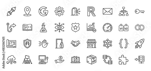 Application programming interface and development line icon set. Vector pictograms of connection, location, service-oriented architecture, and data transfer, thin linear illustration.