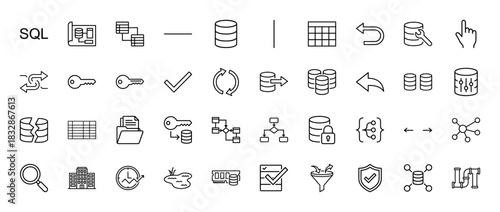 Technology and data line icon set. Vector pictograms of database, security, key, network, table, and data flow, thin linear illustration.