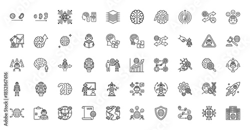 Artificial intelligence line icon set. vector pictograms of machine learning, deep neural network, brain, and agi, thin linear illustration.