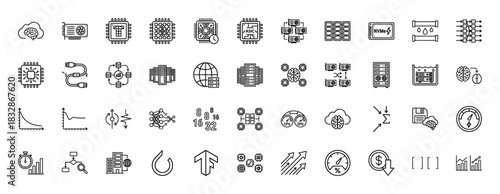 Technology and data infrastructure line icon set. Vector pictograms of server racks, microchips, data transfer, and computation, thin linear illustration.