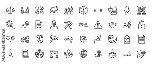 Ethics and compliance line icon set. Vector pictograms of justice scales, brain, surveillance camera, whistleblower, copyright, shield, puppet, thin linear illustration.