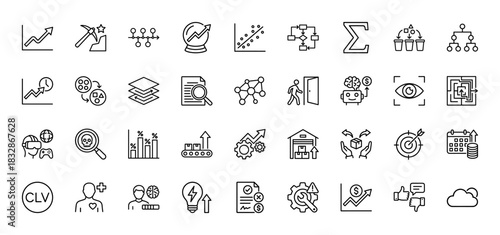 Business and data analysis line icon set. Vector pictograms of charts, mining, calendar, targeting, and machine learning, thin linear illustration.