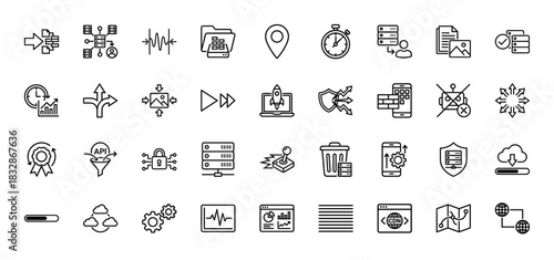 Technology and data line icon set. Vector pictograms of server, firewall, api, cloud, and progress bar, thin linear illustration.