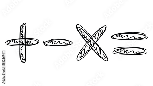 Hand drawn mathematical symbols including plus signs and other basic arithmetic elements in a sketch art style
