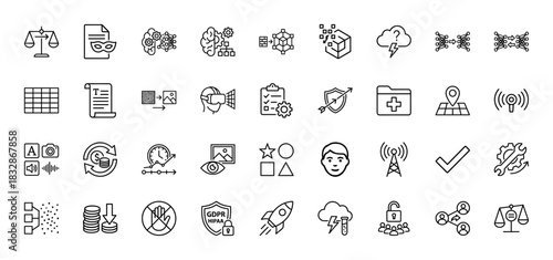 Technology and data line icon set. Vector pictograms of machine learning, blockchain, security, and vr headset, thin linear illustration.