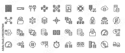 Data storage line icon set. vector pictograms of servers, hard drives, ssd, cloud, and network, thin linear illustration.