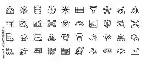 Data science and analytics line icon set. Vector pictograms of database, dashboard, machine learning, and data filtering, thin linear illustration.