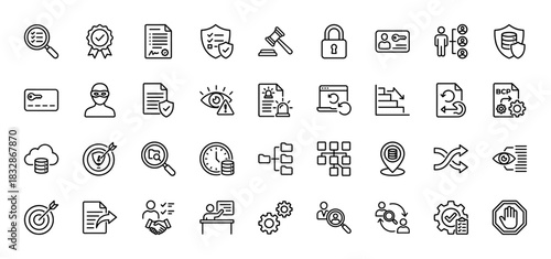 Security, privacy, and compliance line icon set. Vector pictograms of document, shield, key, target, and lock, thin linear illustration.