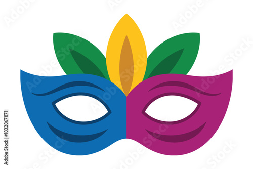 A colorful masquerade mask with blue and purple sides and a yellow and green plume.
