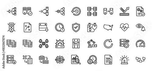 Information technology and data server line icon set. Vector pictograms of data flow, backup, security, and performance monitoring, thin linear illustration.