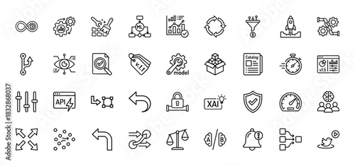 Mlops and devops line icon set. Vector pictograms of data pipeline, security, deployment, testing, and performance, thin linear illustration.