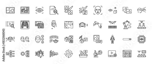 Artificial intelligence line icon set. Vector pictograms of machine learning, deep neural networks, computer vision, and augmented reality, thin linear illustration.
