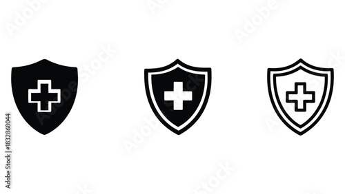  Medical shield icon set featuring solid, filled, and outline protection symbols with a cross emblem representing healthcare safety, medical security, health insurance, and emergency care concepts