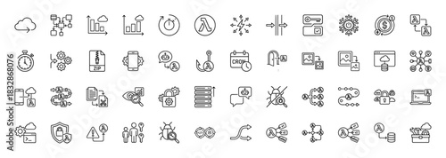 Serverless computing line icon set. Vector pictograms of cloud, lambda, timer, workflow, and security, thin linear illustration.