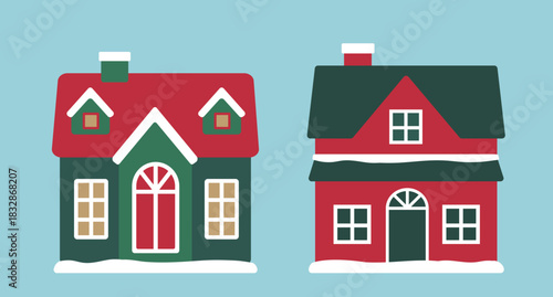Winter Christmas Red and green house flat vector illustration set.
Xmas Holiday house art, icons, and Graphics.
For greeting card, poster, banner, leaflet.