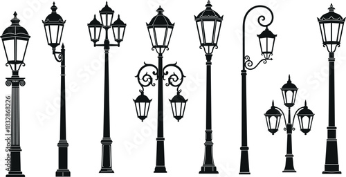Vintage street lamp silhouettes, classic lantern designs, ornate urban lighting collection, decorative retro lamppost illustrations for cityscape, architecture, vector artwork
