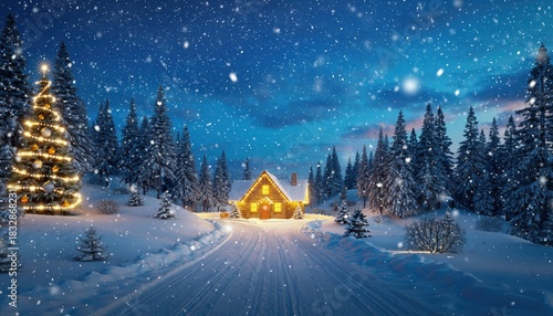 Magical winter wonderland scene featuring a cozy cabin snowy forest and christmas tree captured at night with soft snowfall holiday spirit tranquil environment