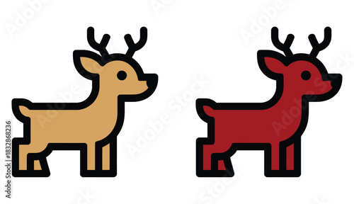 Two cartoon deer, one tan and one red, stand side-by-side.
