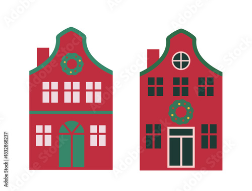 Winter Christmas Red and green house flat vector illustration set.
Xmas Holiday house art, icons, and Graphics.
For greeting card, poster, banner, leaflet.