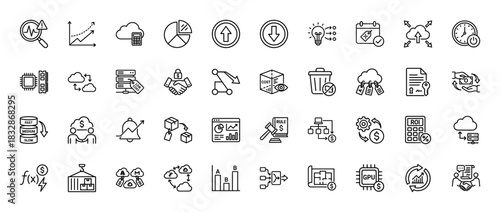 Business and technology line icon set. Vector pictograms of analysis, data, cloud computing, finance, and strategy, thin linear illustration.