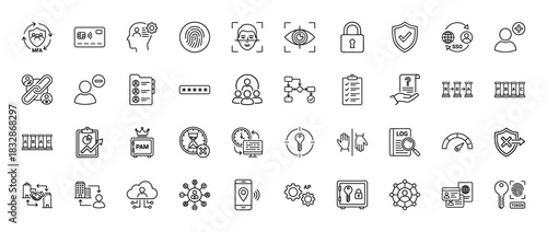 Security and authentication line icon set. Vector pictograms of fingerprint, padlock, key, and user data, thin linear illustration.