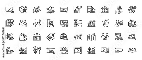 Business and finance line icon set. Vector pictograms of security, growth, logistics, and data analysis, thin linear illustration.