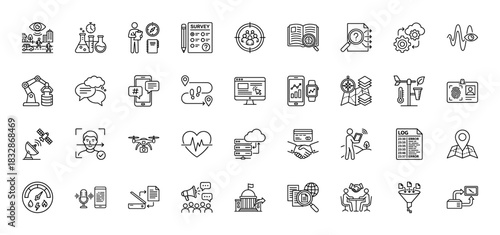 Technology and business line icon set. Vector pictograms of smart city, data analysis, planning, logistics, and innovation, thin linear illustration.